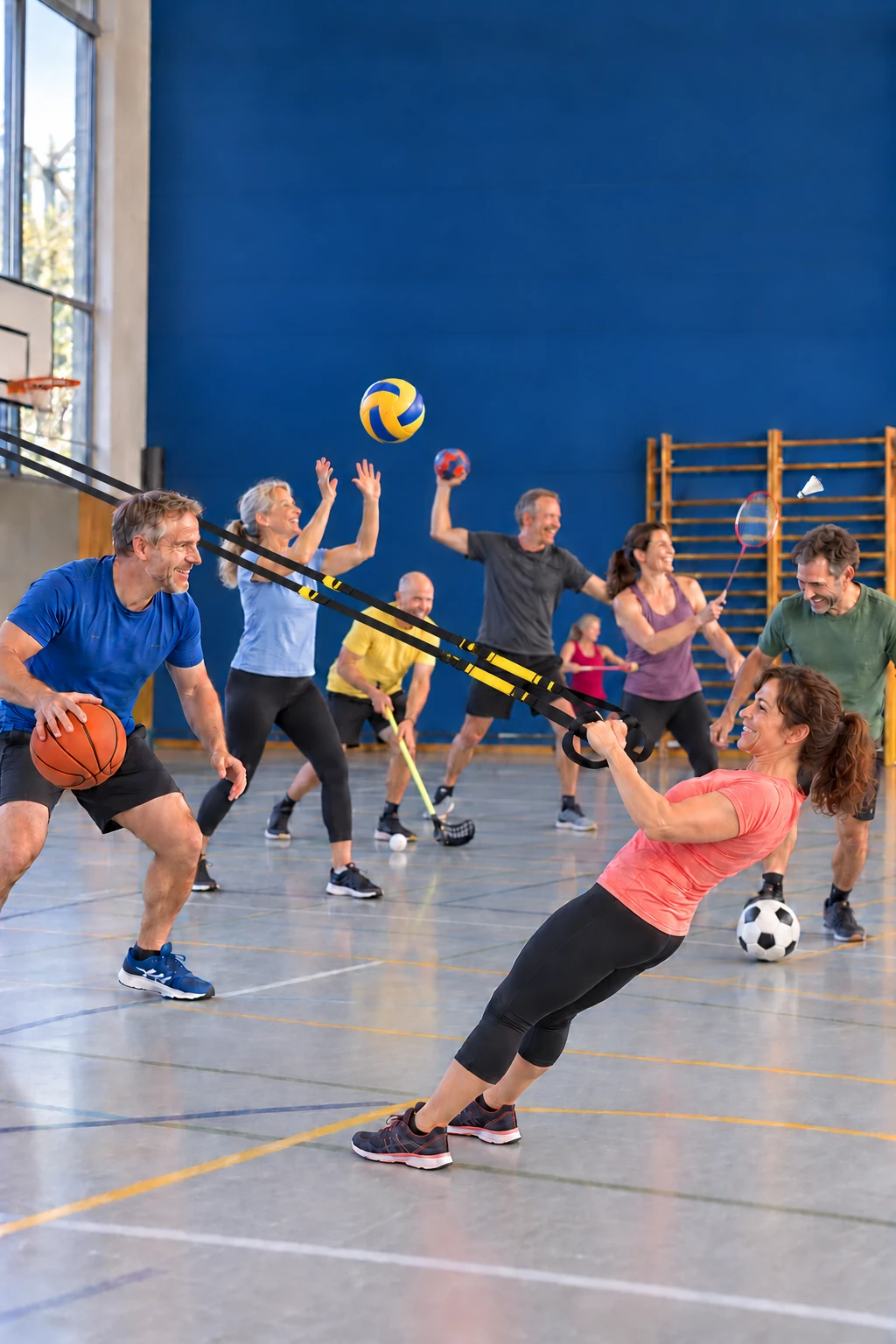 Scène illustrant un groupe d'adultes pratiquant plusieurs sports et du renforcement dans une salle de gym